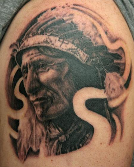 Travis Litke - Black and Gray Portrait of Black Bear Oglala Lakota Indian Chief 